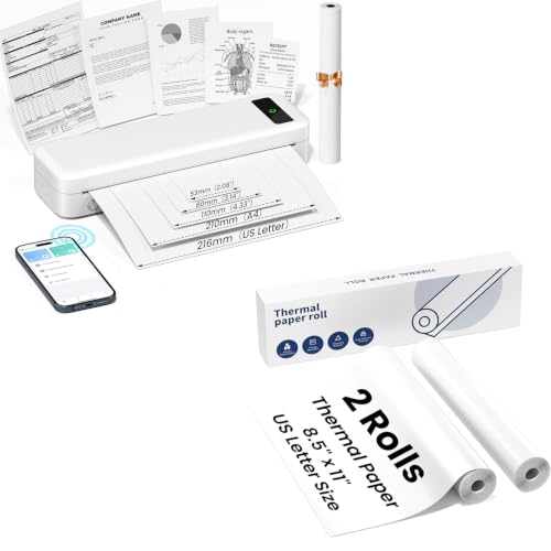 Image of TATTMUSE A285M Wireless Portable Thermal Printer White & 3 Rolls 8.5 inch x 11 inch US Letter Thermal Paper
