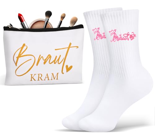 TUZELIYA 2 Stück Braut Geschenke Set inklusive wasserdichte Kosmetiktasche und Braut Socken Baumwolle, JGA Accessoires Frauen Geschenk zur Brautparty Junggesellinnenabschied