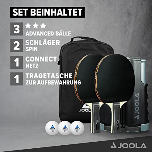 JOOLA Set de Tennis de Table Spin – 2 Raquettes de Tennis de Table + 3 balles de Tennis de Table + Filet de Tennis de Table + Housse de Tennis de Table Gris/Noir Homologué ITTF 7 pièces