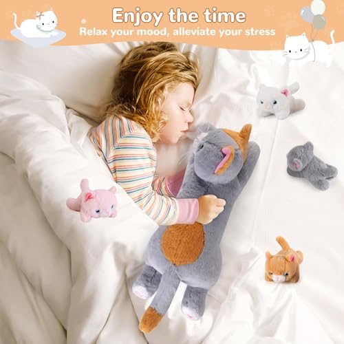 Image of 5 Pieces Cat Stuffed Animals with Babies Inside Belly - 1 Mommy Stuffed Cat with 4 Kittens - Stuffed Kitty Plush Toys for Kid Age 3-8, Gift Ideal for Christmas, Valentine's, Birthday (Grey)