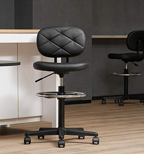 Image of KLASIKA Tall Drafting Rolling Stool Chair with Low Back Support and Adjustable Foot Rest Ring Set of 4 PU Leather Vinly Wide Seat Swivel Standing Desk Chair for Office Home 4 Pack
