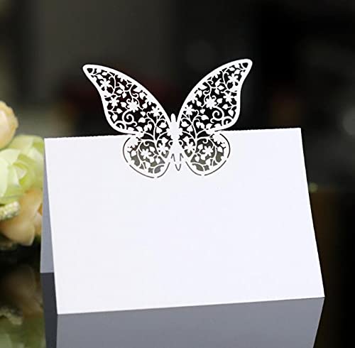 LATRAT 20 Stück weiße Schmetterlingskarten Laserschnitt, Name Platz Karten, Weiß Schmetterling weiße Tischkarten, für Gastgeschenke Geburtstag Tischkarten Hochzeit Party Favor