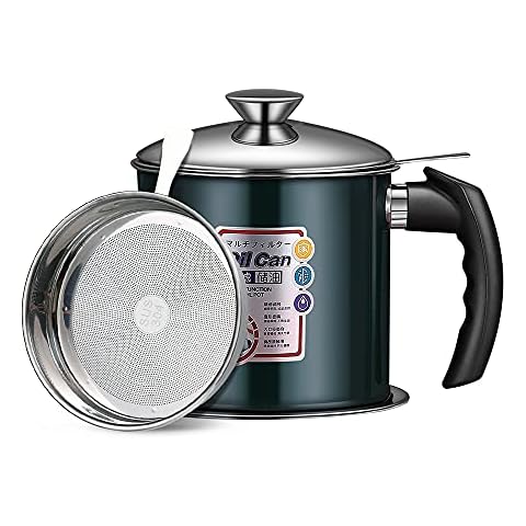 WORTHBUY Oil Strainer Pot Grease Can 1.8L Capacity Stainless Steel Oil Storage Container with Strainer for Kitchen Dust-proof Lid Non-slip Plate Storing Cooking Grease and Frying Oil (Green) Cover