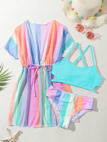 Image of Girls Bikini Set 3 Piece - Striped Multicolored Swimsuit with Quick Dry Cover Up - Bathing Suit for Kids 6-14 Years
