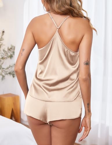 Image of Ekouaer Silky Women Pajamas Set Satin Cami Top & Shorts Lingerie Pjs | 2 Piece Silk Nightwear Soft Camisole Sleepwear for Home, Daily Wear, Wedding, Party, Date Nights