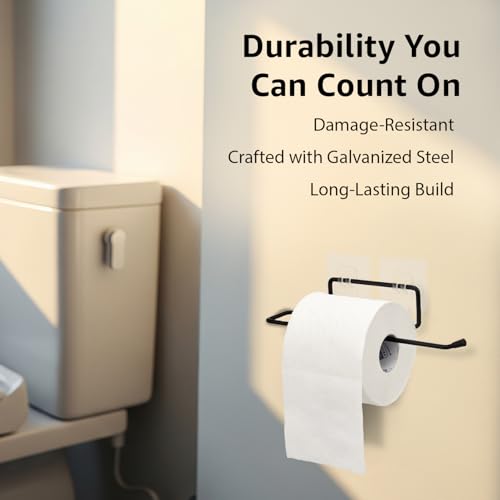 Image of Amazon Basics Self-Adhesive Toilet Paper Holder | Wall-Mounted Bathroom Tissue Roll Hanger | Rust Proof GI Steel with Powder-Coated Black Finish | 24.8L X 5.47W x 4.8H cm, Pack of 1