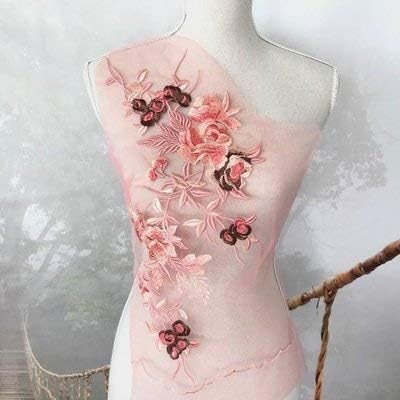 衣装モチーフ モチーフ 特大 薔薇模様 刺繍 チュール ピンク グリーン 衣装 花柄 カラフル H52cm W21cm サーモンピン