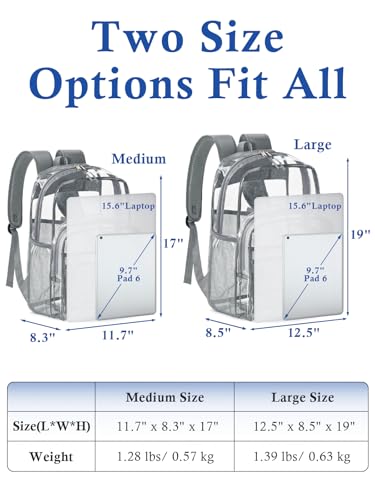 Image of Clear Backpack for School, 17 inch Large Heavy Duty-TPU See Through Bookbag for Boys Girls and Adult, Transparent Backpack With Multi-Pockets for College Work Gym Sport, Light Grey