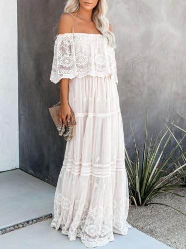 Image of Cercis Womens Off The Shoulder Floral Lace Maxi Wedding Dress Boho Flowy Wedding Guest Formal Long Dresses