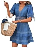 SOLY HUX Women's Summer Dress Hollow Out Lace V Neck Puff Short Sleeve A Line Layered Short Dresses Plain Blue Medium