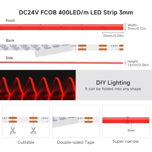 Image of BTF-LIGHTING Red Color 3mm Width Ultra Thin FCOB COB LED Strip,UL Listed Super Narrow Uniform Light,16.4FT DC24V CRI90+ LED Tape Light for Home Indoor DIY Lighting(No Adapter or Controller)
