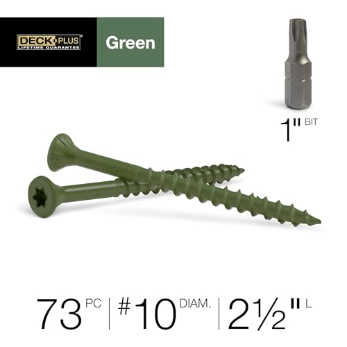 Image of Deck Plus 2-1 /2 Inch Epoxy Coated Exterior Wood and Fence Screws #10 x 2-1 /2 inch Torx /Star Drive Included Coarse Thread, Outdoor Rust Resistant Decking Screw, Green, 1lb Box, 73 Pieces | 48401