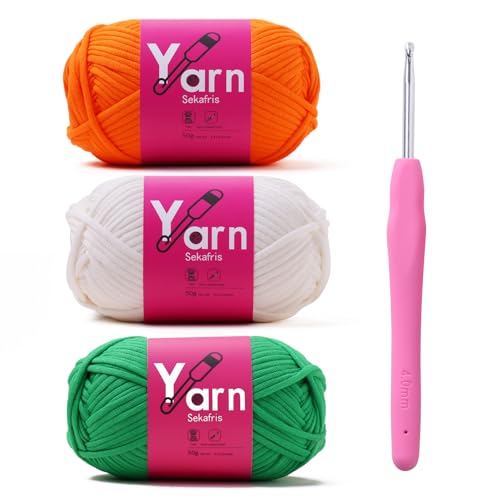 Image of Crochet Yarn 150g /163.5yds Cotton Yarn for Crocheting - Crochet Knitting Yarn for Beginners with Easy-to-See Stitches - Yarn for Crocheting - Chunky Yarn (Orange Peel+White+Christmas Green)