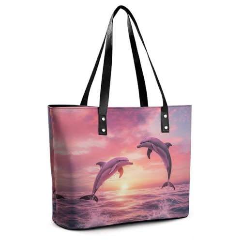 Sea Dolphins Jumping At Sunset Women's Leather Handbag Shoulder Bag Tote Purse Bags for Shopping Travel3