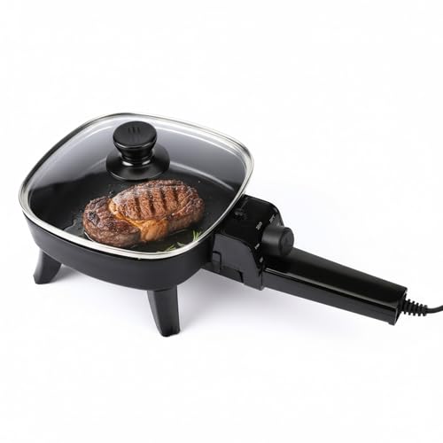 I-Keukenn 7' Electric Skillet with Lid, Electric Non-Stick Ceramic Fying Pan,Adjustable Temperature Control, 600W Single Serve Grill for Breakfast, Cooking for Pancakes, Eggs, Sausage