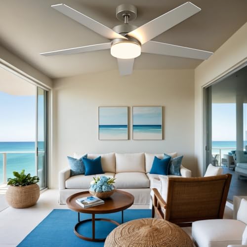 DWVO Ceiling Fans with Lights and Remote, 52 inch Silver Ceiling Fan with Reversible Quiet DC Motor, 3CCT Lighting,6 Speed, 5 Blade Fan for Bedroom Living Room