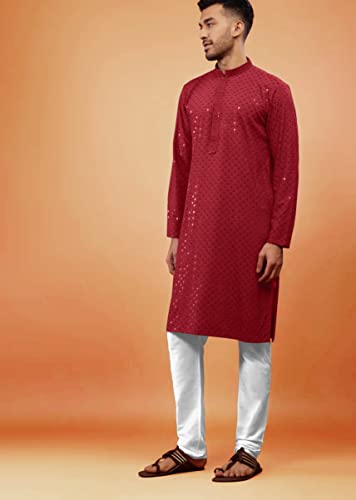 Image of Men's Rayon Blend Lucknowi Sequence Kurta Pyjama (Chickankari)