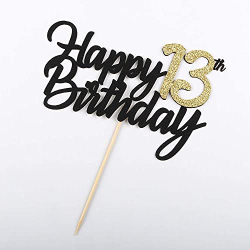 Image of FestikoBlack Gold Glitter Happy Birthday Cake Topper - 13 Anniversary /Birthday Cake Topper Party Decoration (13th)