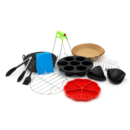 CLOEN Accesorios freidora de Aire, Compatible con Air Fryer, Philips, Ninja, Cosori, Moulinex, Tefal, Cecotec. Incluye 13 Accesorios, Bandeja de Silicone, Pinzas, 100 Piezas de Papel y Mucho más.