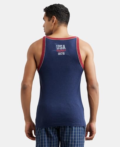 Image of Jockey US54 Men's Super Combed Cotton Rib Square Neckline Gym Vest with Back Panel Graphic Print (Shoulder Starp Color May Vary)