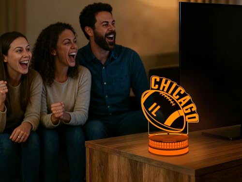 Image of CLORURBANLIVE 3D Football Chicago Night Light 3D Illusion Lamp with Remote Control 16 Color Options Sports Decor Lighting for Fans - Multicoloured OneSize