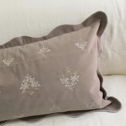 BlissBlush Lumbar Pillow Cover 12x20, Taupe Velvet Decorative Lumbar Pillow Cover, Floral Accent Cushion Cover with Embroidery and Scalloped Edge for Couch Sofa Bed, Cover ONLY - image 7