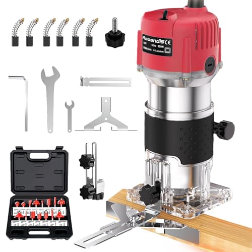 Raoendis 電動トリマー 木工用 電気トリミング機 6.00mm 日本規格 コンパクト軽量（1.2kg） 電動ルーター 30000rpm高速回転 800W アルミシェル 電動の彫刻刀 穴あけ/切断/彫刻/研磨対応 日本語取扱説明書付き 赤い