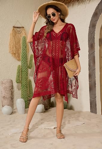Image of Sexy Elegant Lace Beach Cover Up for Women, Bathing Suit Cover Up, V-Neck Swimsuit Coverup for Poolside, Seaside and Party