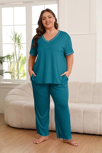 Image of Vozanet Women's Plus Size Pajama Sets Short Sleeve Long Pants Solid Color with Piping Trim Elegant Loungewear Cozy Sleepwear
