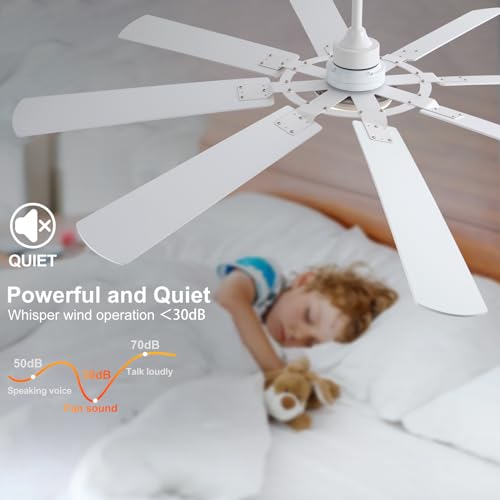 Image of BOOMJOY 72 Inch Ceiling Fans with Lights and Remote, Indoor /Outdoor Ceiling Fan with Light, 8 Blades, Reversible Quiet DC Motor,Modern White Large Ceiling Fan for Living Room Patio Bedroom