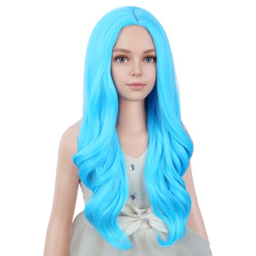 Image of PATTNIUM Light Blue Long Curly Wigs for Kids Girls Blue Middle Part Heat Resistant Synthetic Wigs Halloween Cosplay Costume Party Wig
