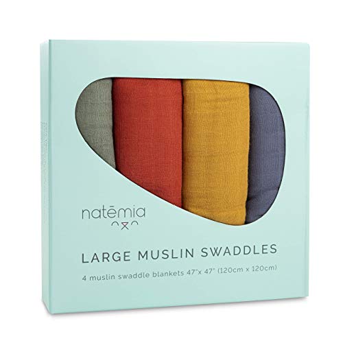 Image of Natemia Baby Muslin Swaddle Blankets (4 Pack) Silky Soft, Gentle Receiving Blankets for Newborns, Boys, Girls - Versatile, Breathable, Skin-Friendly, Machine-Washable - Baby Shower Registry Essential