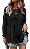 PRETTYGARDEN Women's Summer Loose Chiffon Blouse Mesh Long Sleeve Casual Round Neck Peplum Tops (Black,Medium)