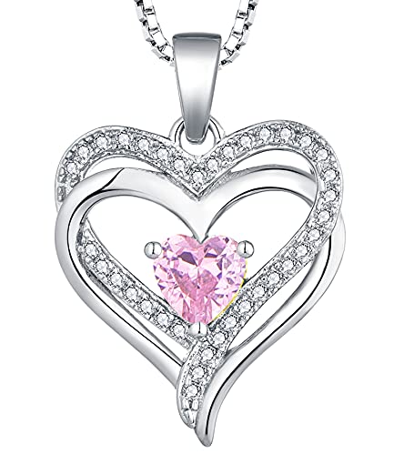 YL Women's Heart Necklace Sterling Silver Filigree Love Heart Pendant 18k White Gold Created Pink Tourmaline Jewelry