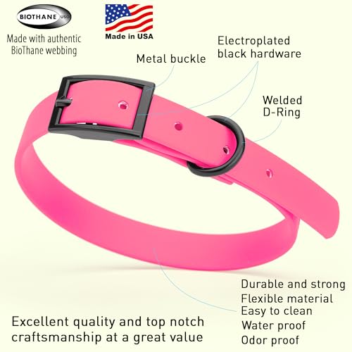 Image of Dogline Biothane Waterproof Dog Collar Strong Coated Nylon Webbing with Black Hardware Odor- Proof for Easy Care Easy to Clean High Performance Fits Small Medium or Large Dogs, Passionfruit Pink
