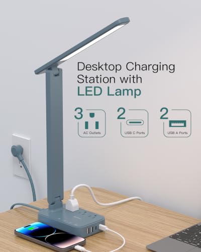 Image of Addtam LED Desk Lamp, Power Strip with 3 Outlets 4 USB Charging Ports(2 USBC), 4 Modes 5 Level Brightness Touch Lamp, Small Desk Lamp for Home Office College Dorm Room Essentials, Blue