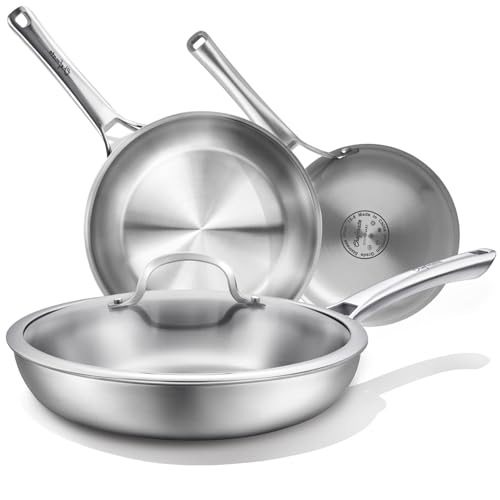 VocVoi Tri-Ply Stainless Steel Frying Pans Set with Lid,PFOA&PTFE Free Skillets,Chef's Pan Set(6+9+11inch) Frying Pans for cooking,Induction Cookware Sets,Dishwasher and Oven Safe Kitchen set