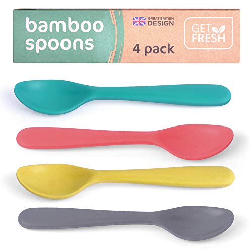 GET FRESH Bamboo Kids Spoons Set – 4-pack Colorful Bamboo Kids Cutlery for Everyday Use – Reusable Bamboo Fiber Kids Spoons for Daily Mealtime – Large Bamboo Utensils for Toddlers and School Children