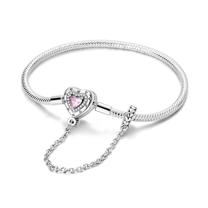 Image of 925 Sterling Silver Snake Chain Bracelets Fit Pandora Charms,Heart Clasp Bracelets Perfect For Any Glamour Gift for Women with 5 A Cubic Zirconia