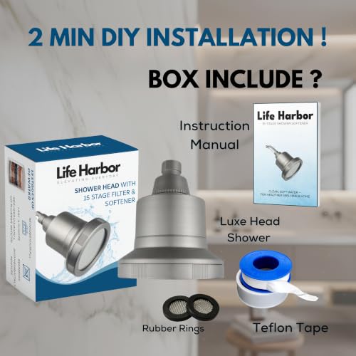 Image of Life Harbor 15-Stage Hard Water Shower Filter | Reduces Hair Fall, Dry Skin & Dandruff | KDF-55 + Activated Carbon + FOF Scale Inhibitor | 2X Active Filtration Media (Shower LUXE: Brushed Grey)