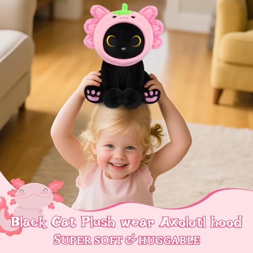 Image of Axolotl Plush Toys, 8inch Kawaii Black Cat Wear Strawberry Plush Hood | Cute Plushies for Girls Soft Stuffed Animal Doll, Axolotl Birthday Gifts for Kids Boys Adults, Room Decor