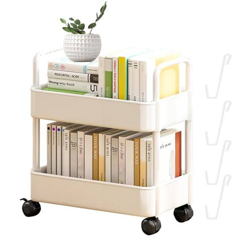 JIEBWCHA Estantería rodante, 37 x 25 x 43,5 cm, estantería móvil con rueda, carrito móvil extraíble con 4 ganchos, movimiento de 360 grados para la escuela, sala de estar