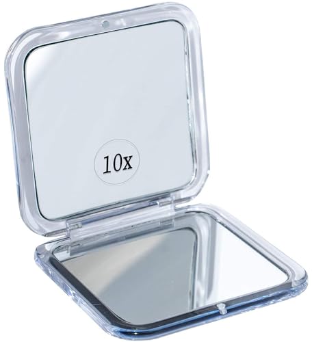 Zusammenklappbarer Reisespiegel mit 10 Fach Vergrößerung – Kleiner Spiegel zum Schminken auf Reisen – 8,4 cm Mini Quadrat, Klappbar Kosmetikspiegel (Silber) - Magnifying Mirror