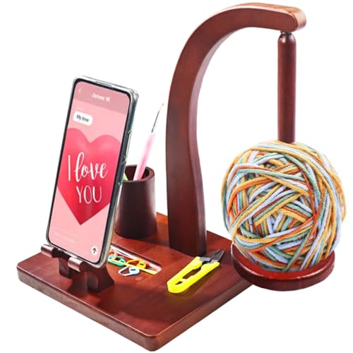 Image of YESTIC Wooden Yarn Holder for Knitting & Crocheting with Phone Stand, Anti-Slip Pads & Accessories Storage, Magnetic Yarn Ball Holder for Knitting| Ideal Gift for Crochet Lovers