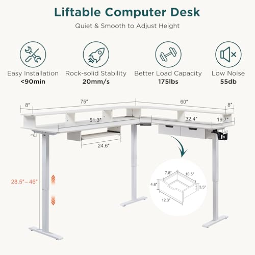 Image of RedLemon 75X60 Inches L Shaped Electric Standing Desk, Height Adjustable Corner Gaming Desk with Drawers, Keyboard Tray, Power Outlets & LED Lights, Computer Desk with Monitor Shelf, Antique White