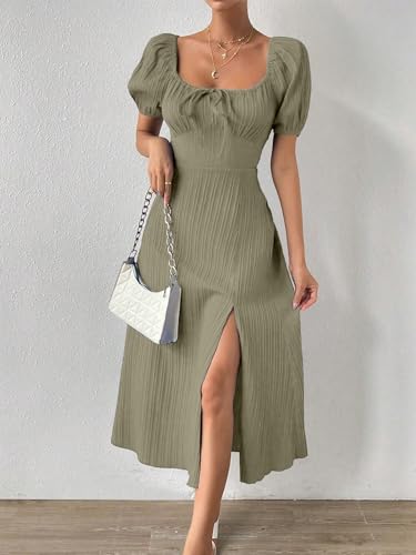 Image of Shasmi Women's & Girl's Tie Front Split Thigh Milkmaid Maxi Dress - Square Neck Puff Sleeve A-Line Long Dress, Elegant Casual & Parties Wear for Ledies (Dress 245)