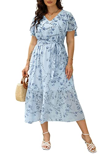 Nemidor Womens Casual Plus Size Boho Print Belted Layered Chiffon Long Dress with Ruffle Sleeve NEM310
