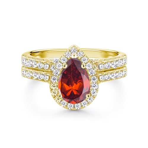 10K /14K /18K Solid Gold Gemstone Engagement Ring Sets for Women, 1/2/3 Carats Pear Shape Birthstone Bridal Wedding Ring Sets for Her Free Engraved3