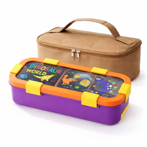 Motka Kids Lunch Box 3 Compartment Combo with Insulated Bag | 600ml Stainless Steel Bento Box for Kids, Leakproof Silicone Seal, Built-in Cutlery, School Travel Food Container - Purple