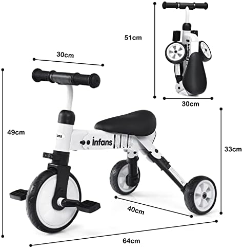 COSTWAY Kids Trike for 1-4 Years Old Boys Girls, Folding Baby Balance Bike Walker Toddlers Tricycle with Detachable Pedals, PU Seat & 3 EVA Wheels (White)